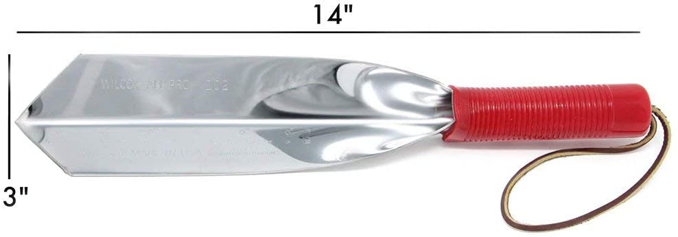 Wilcox 14 inch stainless steel trowel with red handle and leather wrist strap