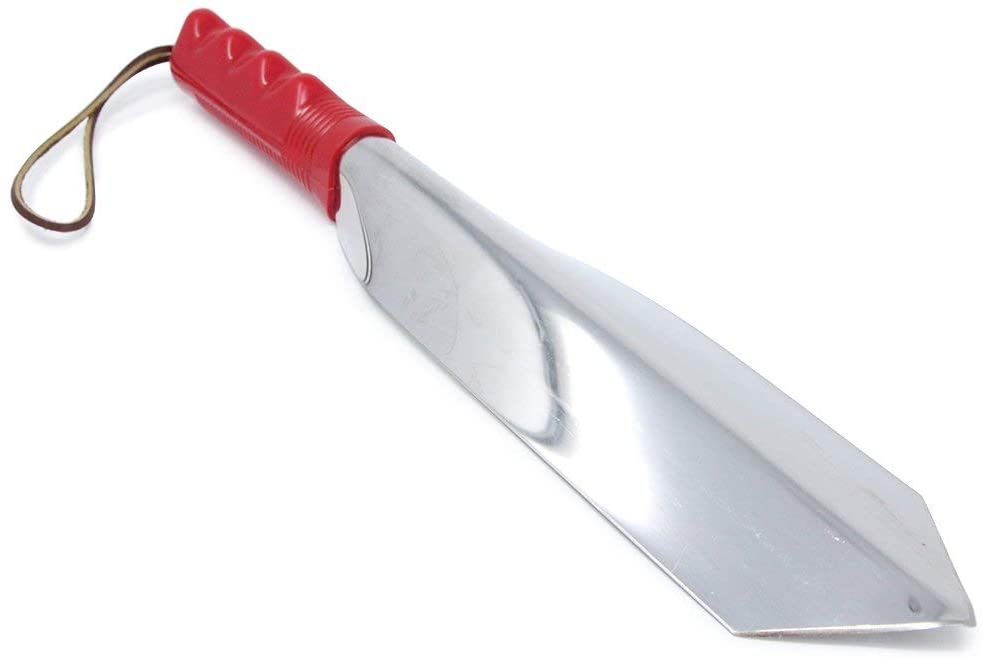 Wilcox 14 inch stainless steel trowel with red handle and leather wrist strap bottom view
