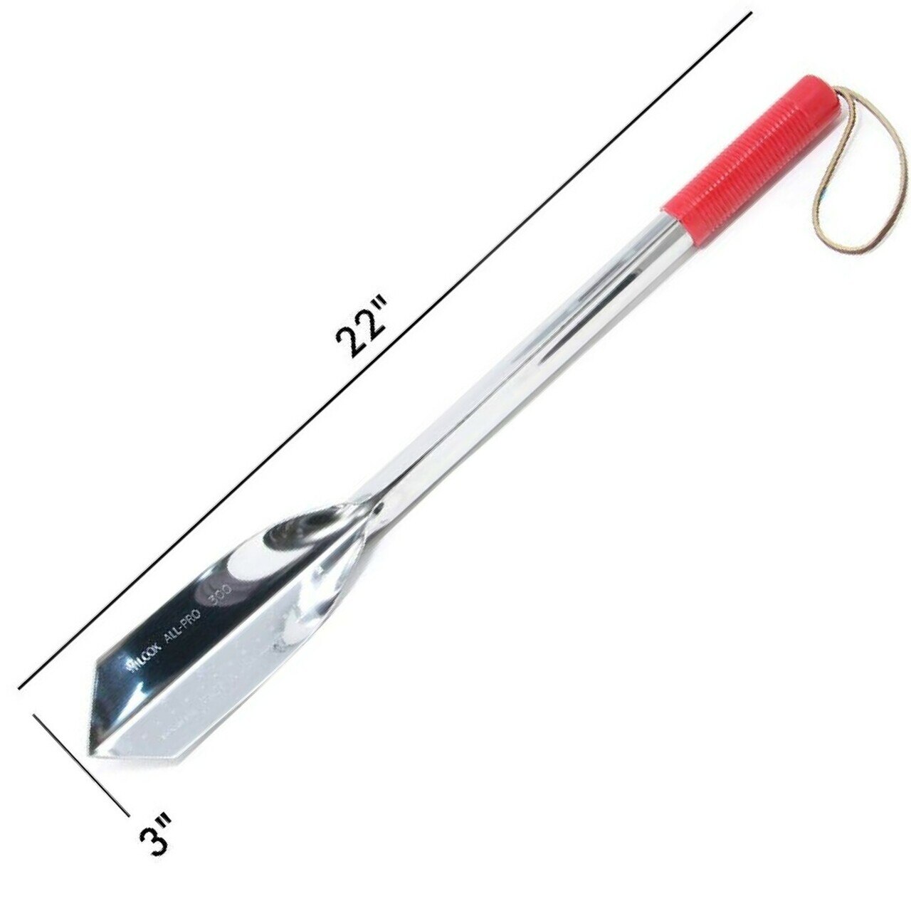 Wilcox 22 inch stainless steel trowel with red handle and leather wrist strap